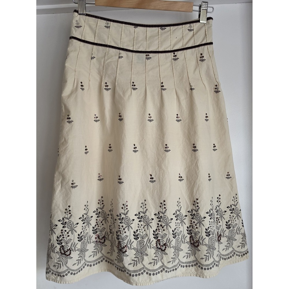 H&M Floral Cotton Skirt 4 Cream Boho Midi A-Line Embroidery Sequin